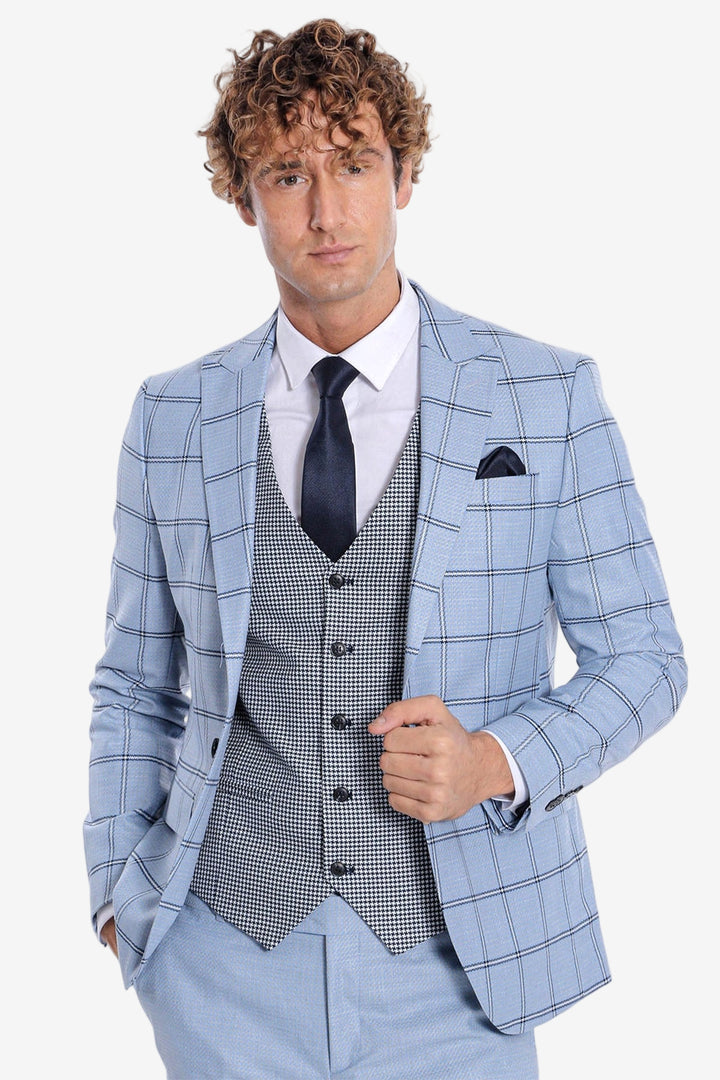 Ekose Desenli Dar Kesim Açık Mavi Erkek Takım - Wessi