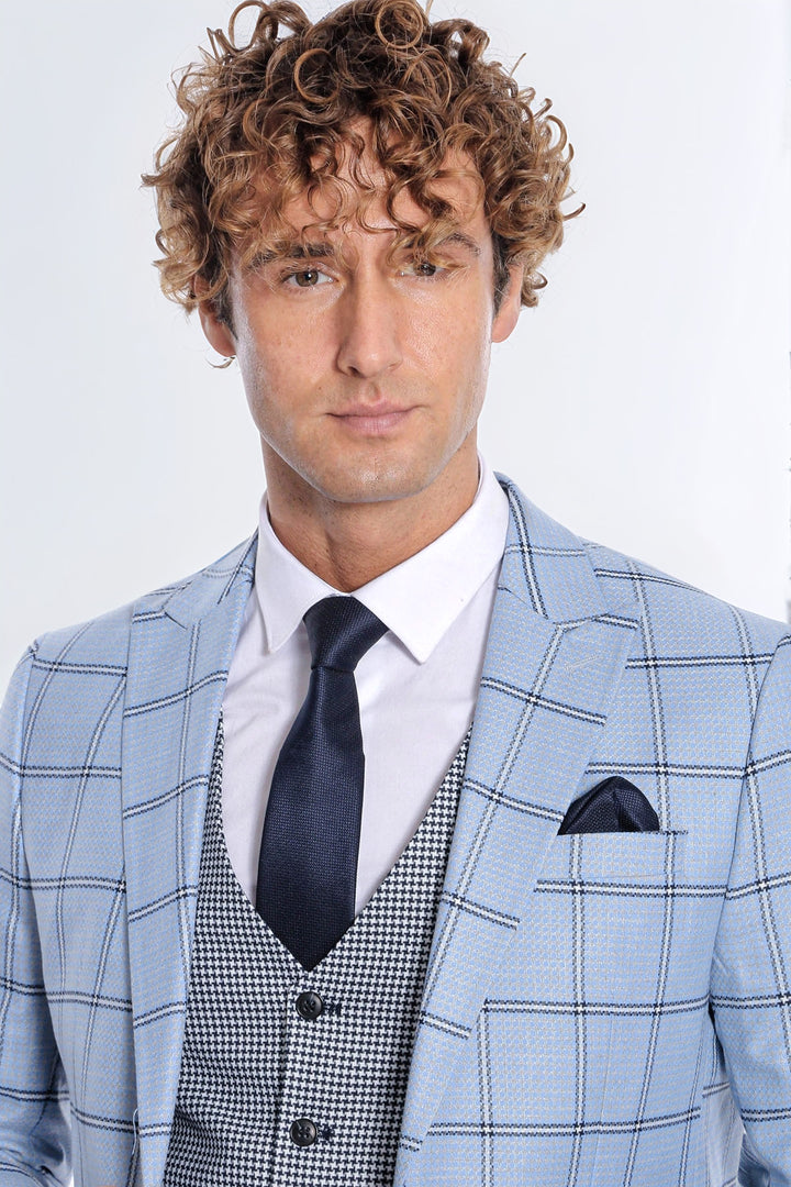 Ekose Desenli Dar Kesim Açık Mavi Erkek Takım - Wessi