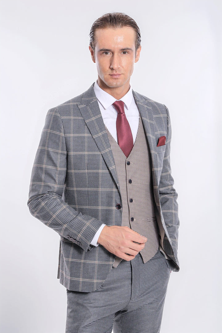 Füme Ekoseli Desenli Yelekli Takım Elbise - Wessi