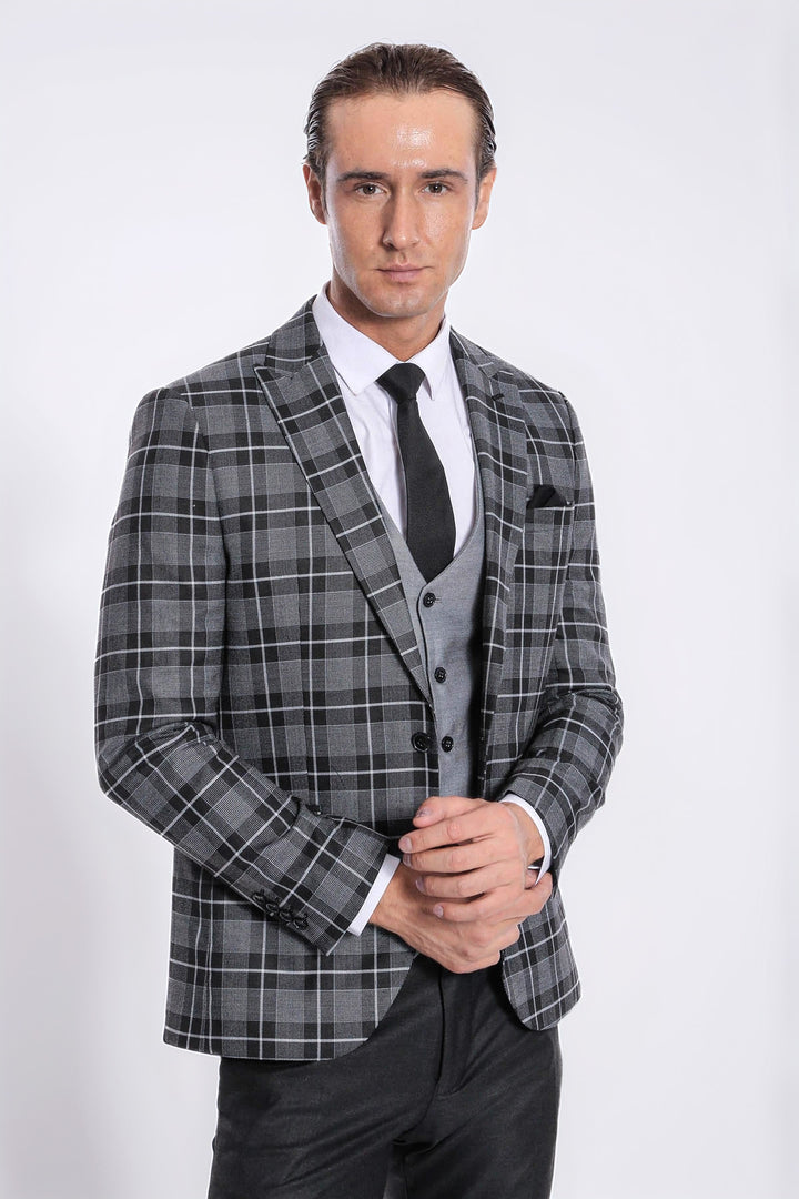 Ekose Ceketli Slim Fit Siyah Erkek Takım Elbise - Wessi