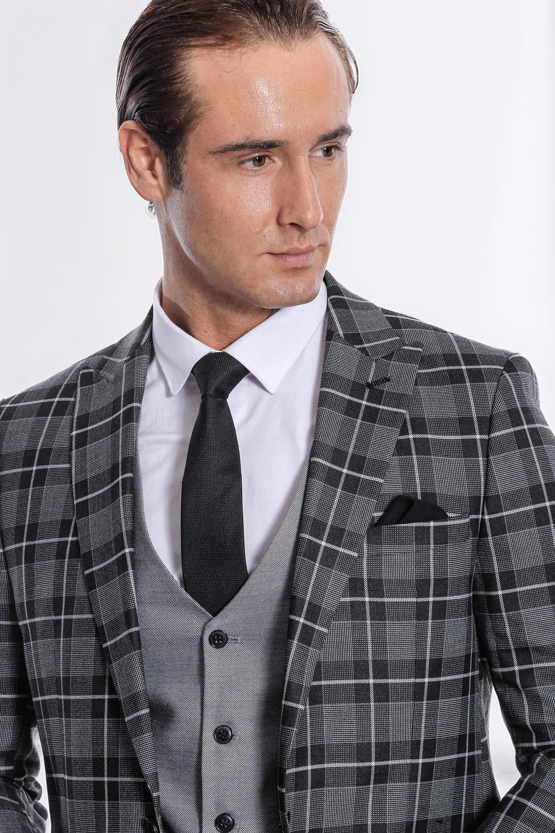 Ekose Ceketli Slim Fit Siyah Erkek Takım Elbise - Wessi