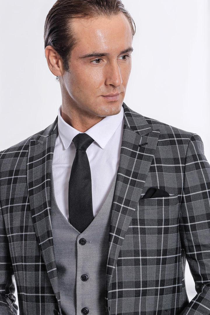 Ekose Ceketli Slim Fit Siyah Erkek Takım Elbise - Wessi