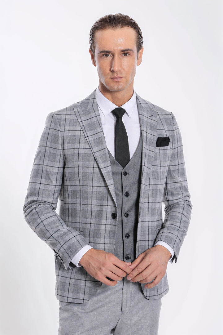 Ekose Ceketli Slim Fit Gri Erkek Takım Elbise - Wessi