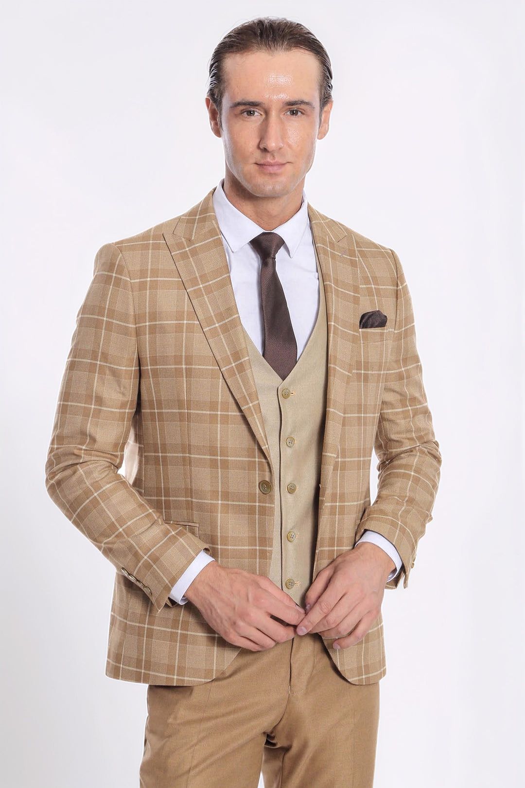 Ekose Ceketli Slim Fit Bej Erkek Takım Elbise - Wessi