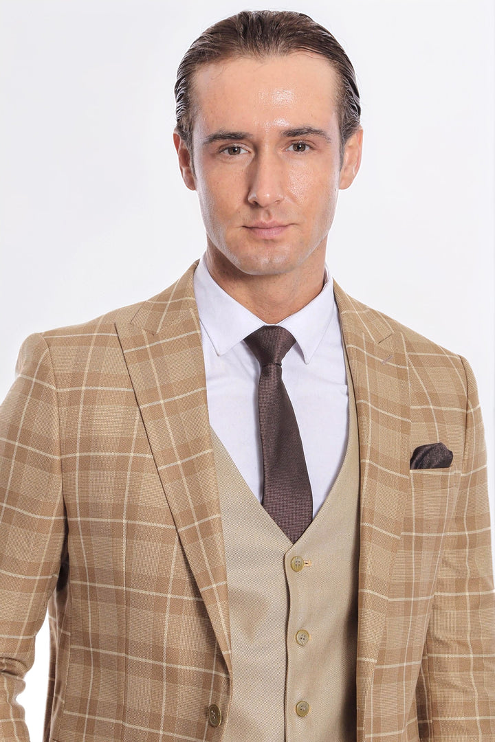 Ekose Ceketli Slim Fit Bej Erkek Takım Elbise - Wessi