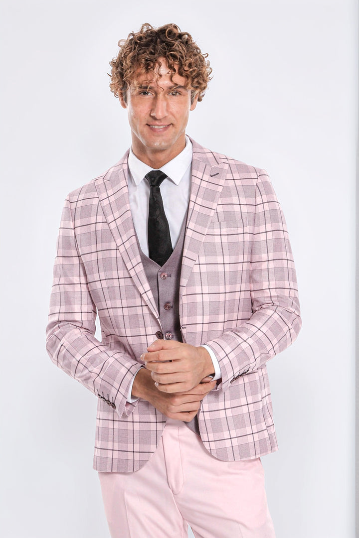 Ekose Ceketli Slim Fit Pembe Erkek Takım Elbise - Wessi