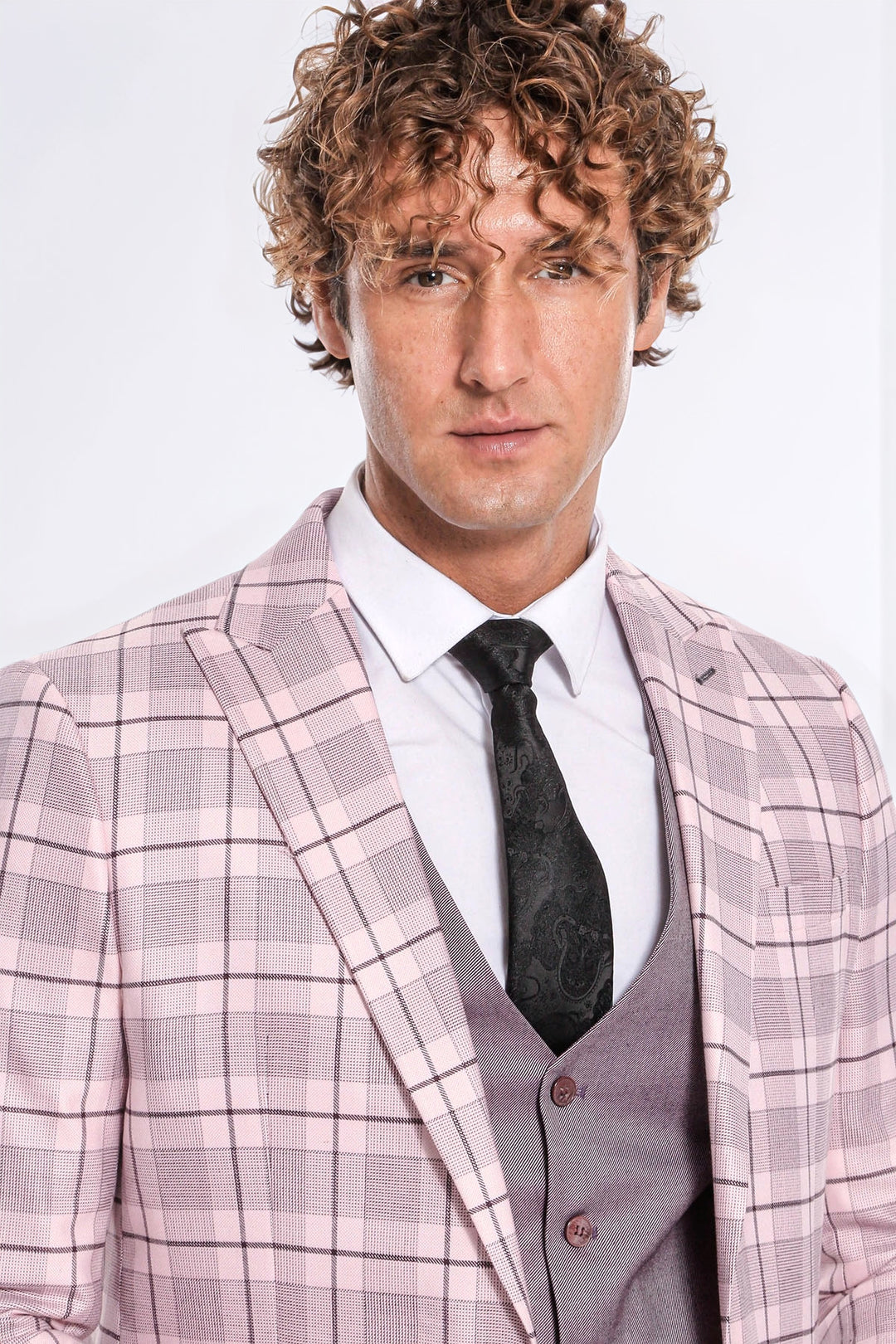 Ekose Ceketli Slim Fit Pembe Erkek Takım Elbise - Wessi