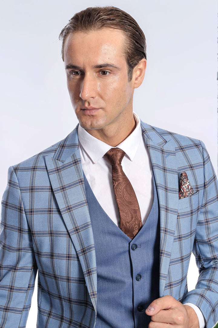 Ekose Ceketli Desenli Slim Fit Mavi Erkek Takım Elbise - Wessi