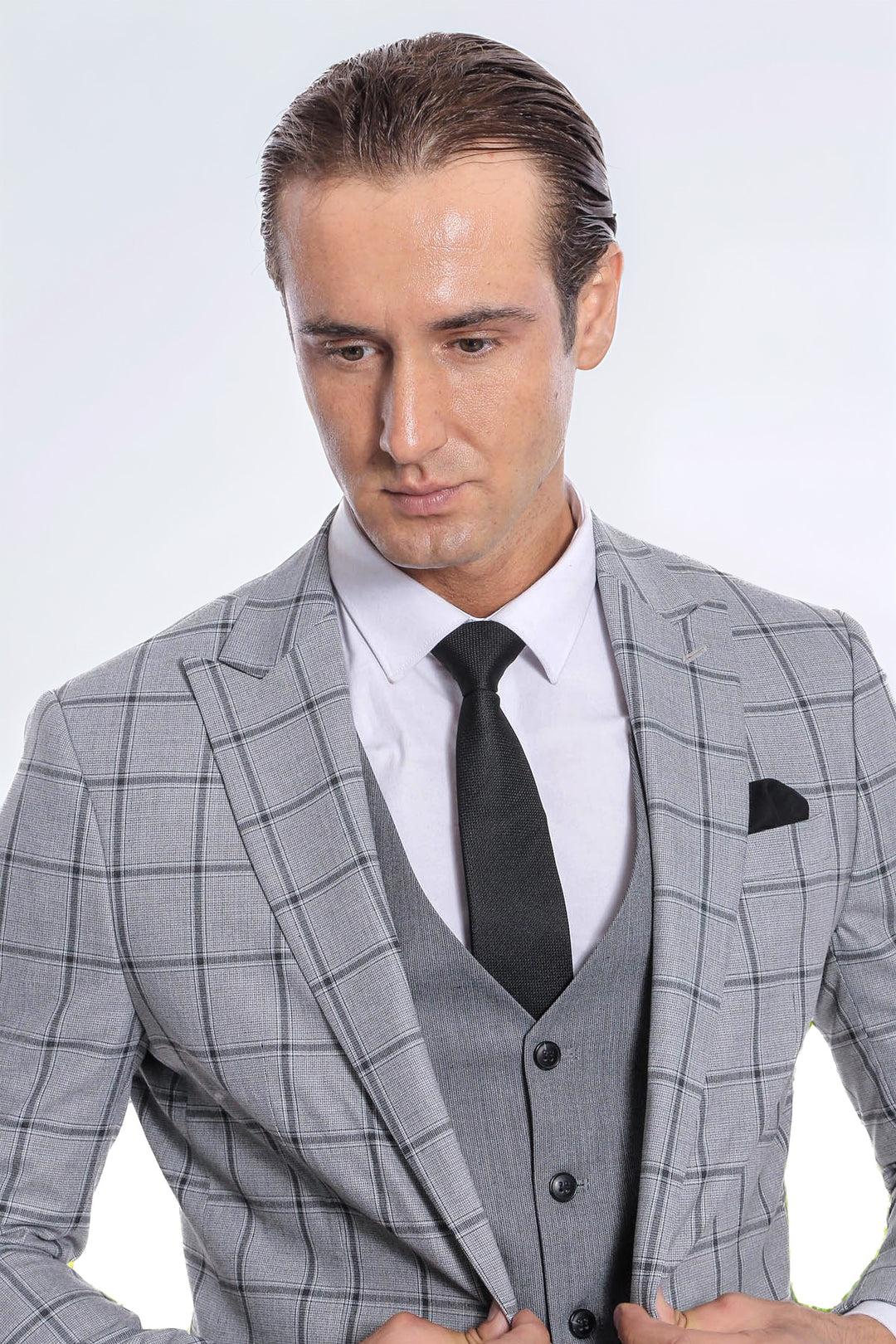 Ekose Ceketli Desenli Slim Fit Gri Erkek Takım Elbise - Wessi