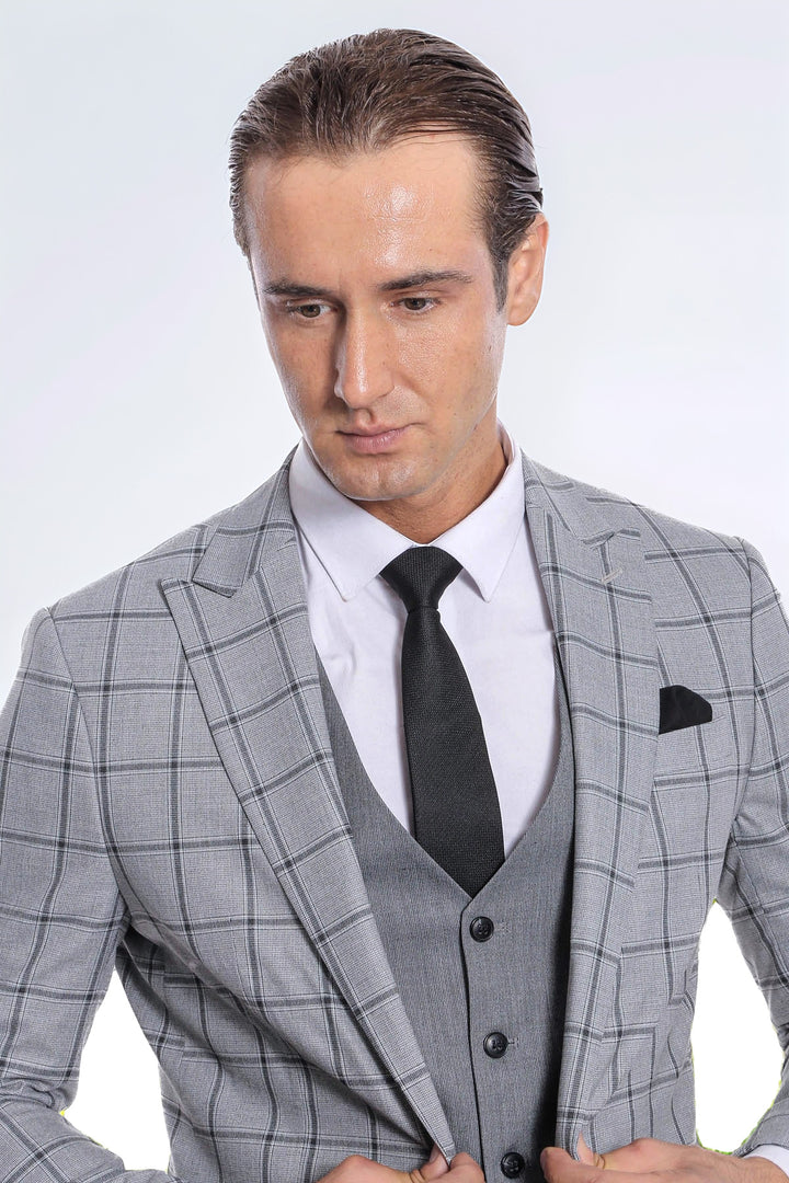 Ekose Ceketli Desenli Slim Fit Gri Erkek Takım Elbise - Wessi