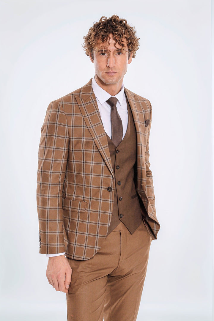 Ekose Ceketli Desenli Slim Fit Kahverengi Erkek Takım Elbise - Wessi