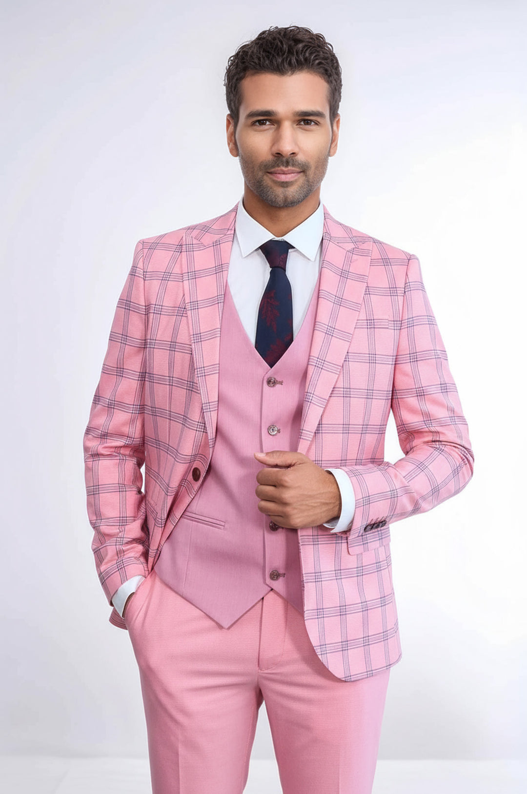 Ekose Ceketli Desenli Slim Fit Pembe Erkek Takım Elbise - Wessi