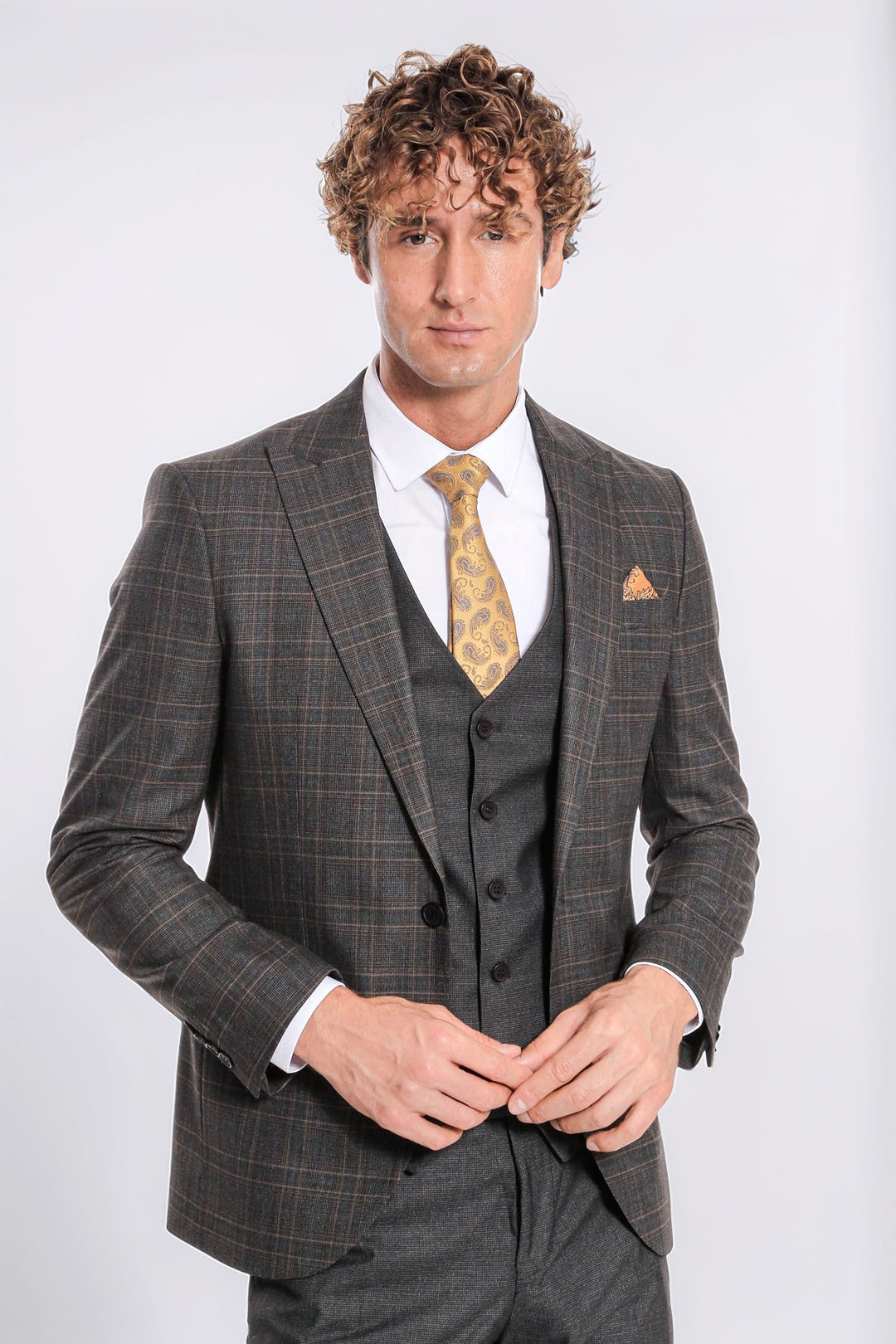 Ekose Ceketli Slim Fit Füme Erkek Takım Elbise - Wessi