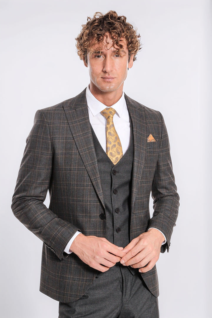 Ekose Ceketli Slim Fit Füme Erkek Takım Elbise - Wessi