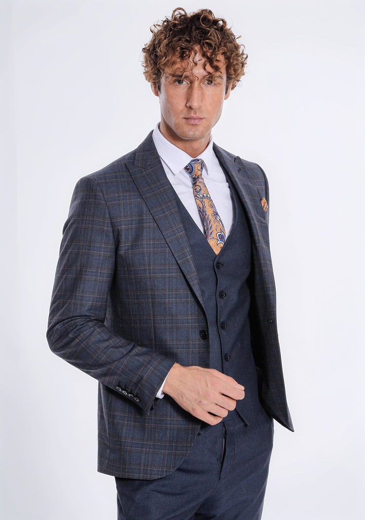 Ekose Ceketli Slim Fit Lacivert Erkek Takım Elbise - Wessi