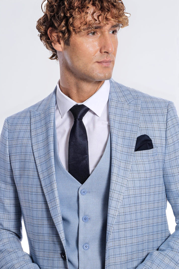 Ekose Ceketli Slim Fit Açık Mavi Erkek Takım Elbise - Wessi