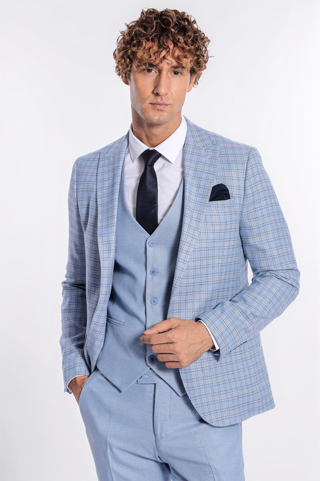 Ekose Ceketli Slim Fit Açık Mavi Erkek Takım Elbise - Wessi
