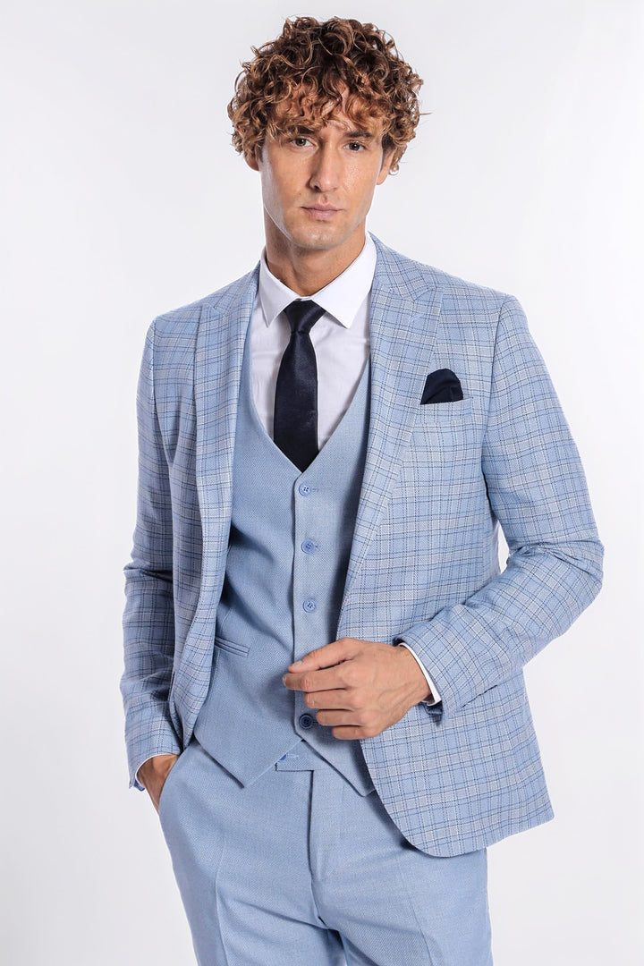 Ekose Ceketli Slim Fit Açık Mavi Erkek Takım Elbise - Wessi
