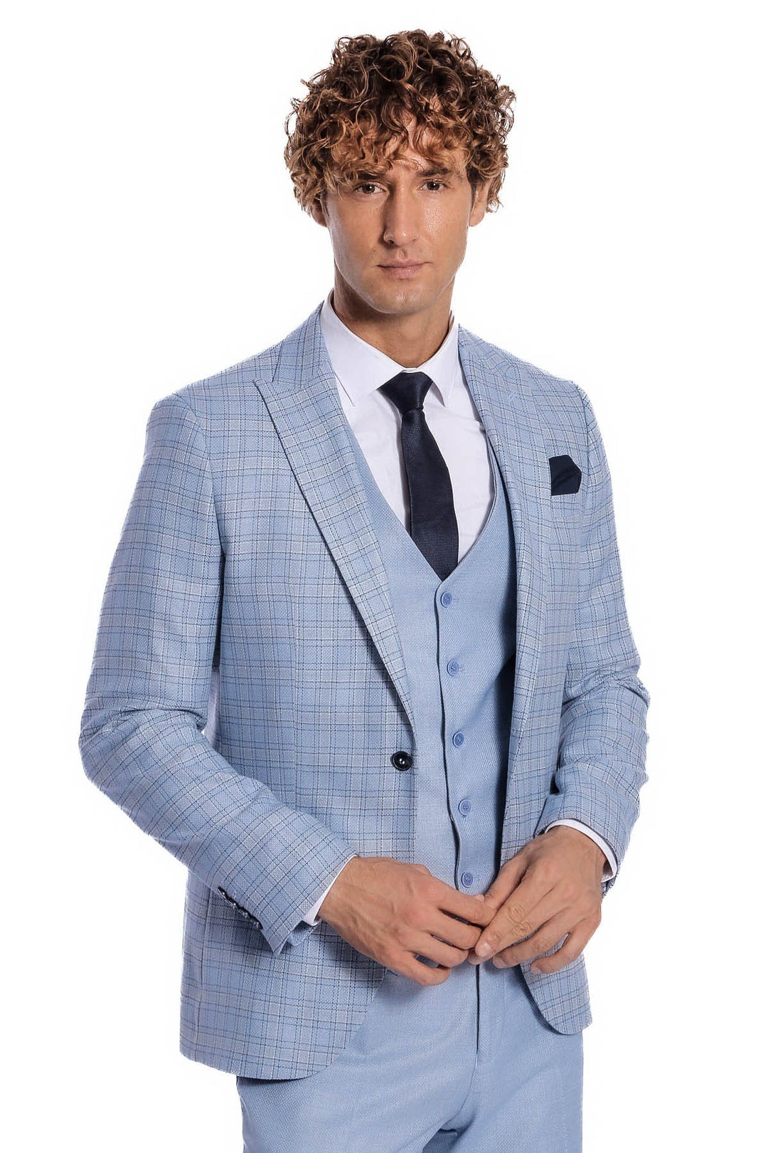 Ekose Ceketli Slim Fit Açık Mavi Erkek Takım Elbise - Wessi