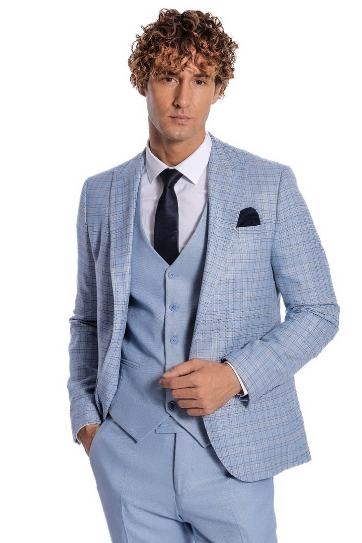 Ekose Ceketli Slim Fit Açık Mavi Erkek Takım Elbise - Wessi