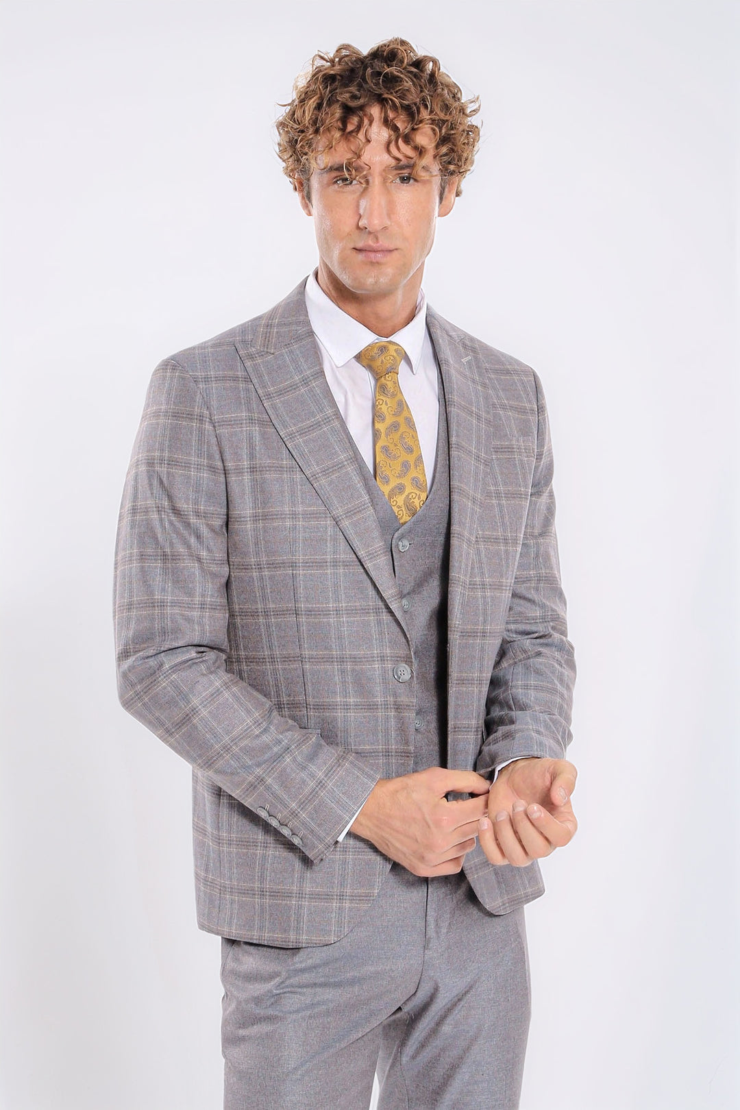 Ekose Ceketli Slim Fit Açık Mavi Erkek Takım Elbise - Wessi