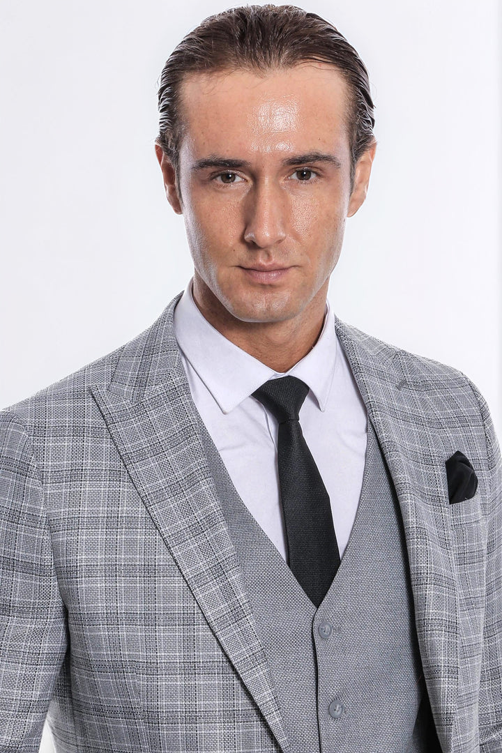 Ekose Ceketli Slim Fit Açık Gri Erkek Takım Elbise - Wessi