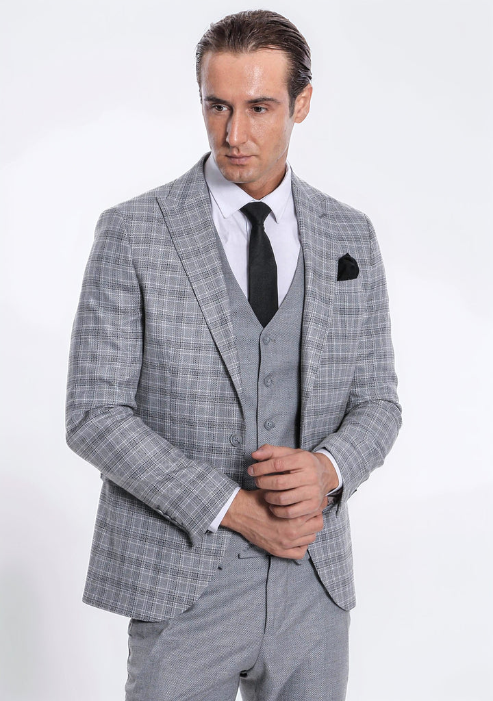 Ekose Ceketli Slim Fit Açık Gri Erkek Takım Elbise - Wessi