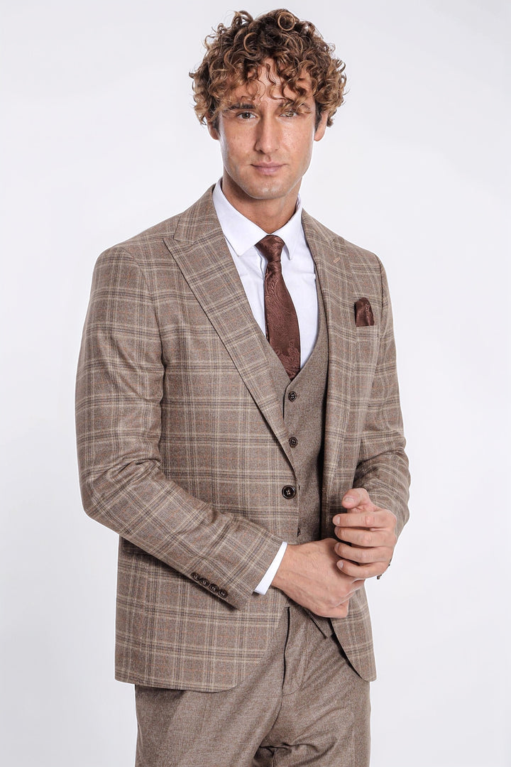 Ekose Ceketli Slim Fit Açık Kahverengi Erkek Takım Elbise - Wessi