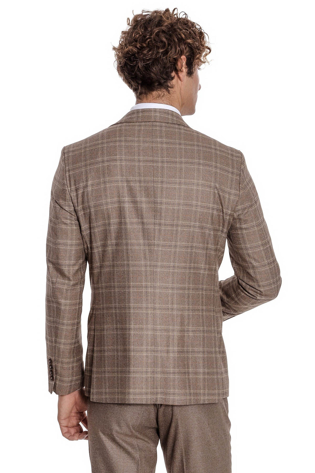 Ekose Ceketli Slim Fit Açık Kahverengi Erkek Takım Elbise - Wessi