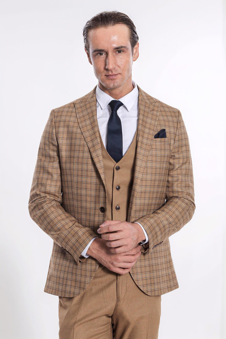 Ekose Ceketli Slim Fit Taba Erkek Takım Elbise - Wessi