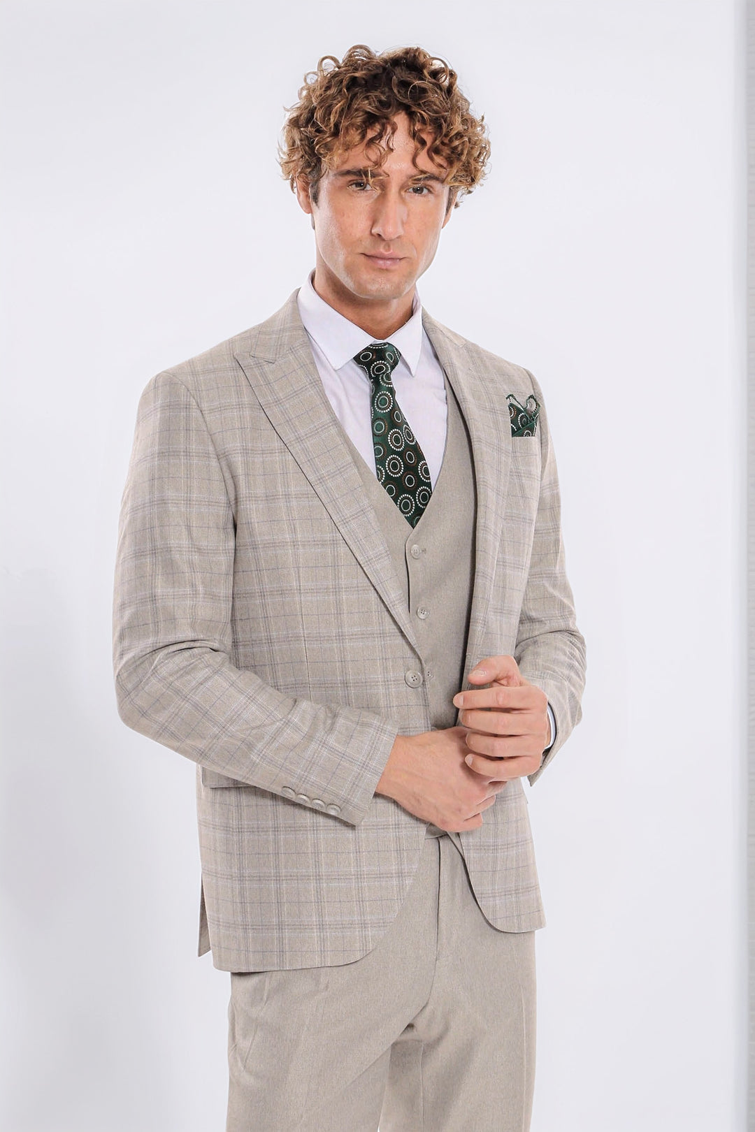 Ekose Ceketli Slim Fit Krem Erkek Takım Elbise - Wessi