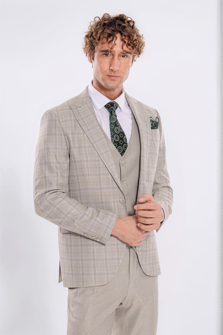 Ekose Ceketli Slim Fit Krem Erkek Takım Elbise - Wessi