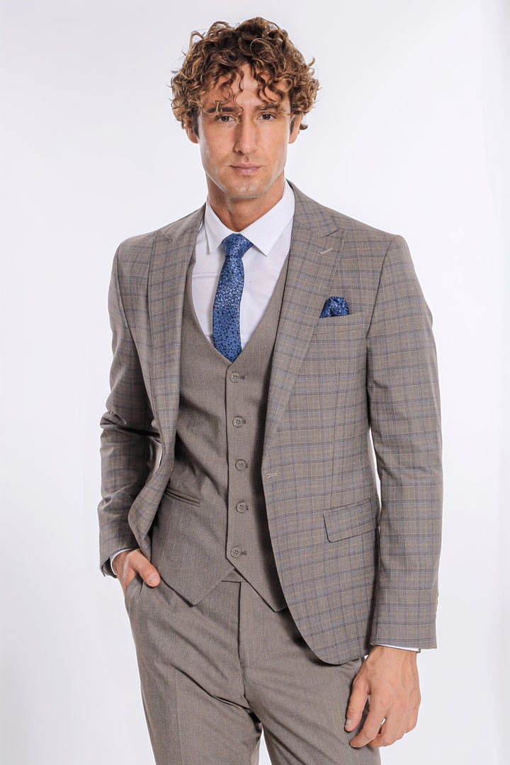 Ekose Ceketli Slim Fit Açık Kahve Erkek Takım Elbise - Wessi