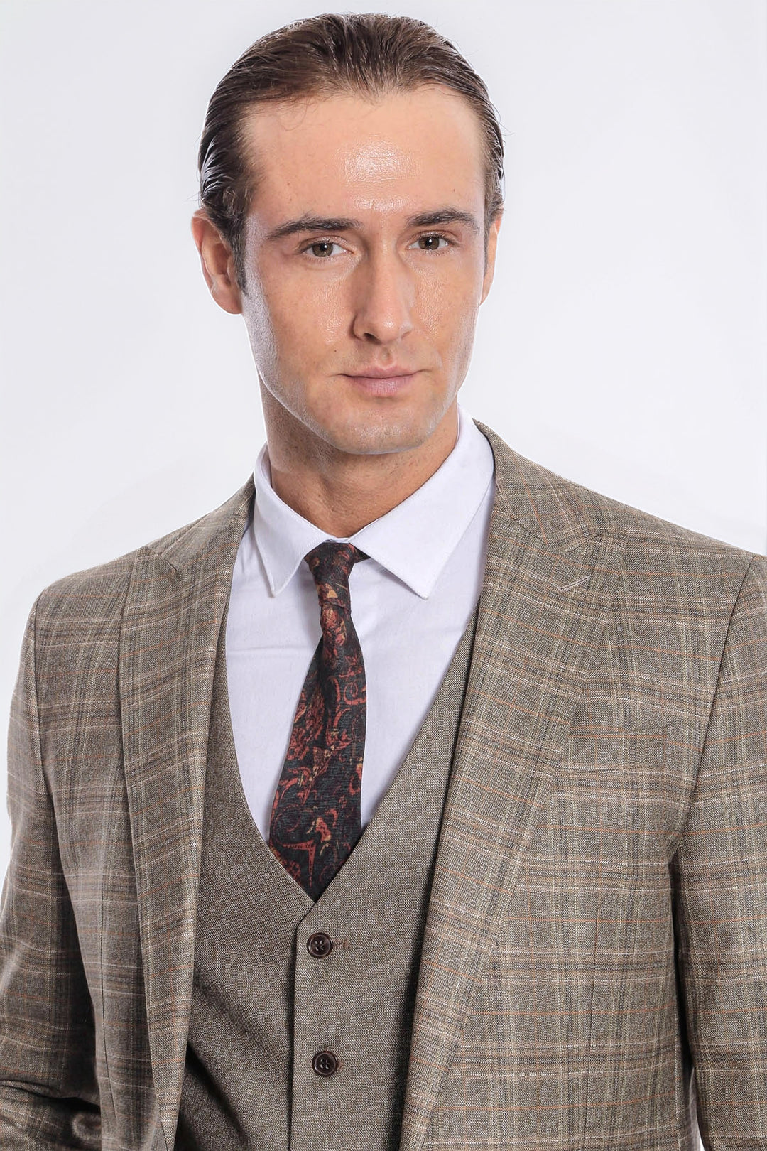 Ekose Ceketli Slim Fit Kahverengi Erkek Takım Elbise - Wessi