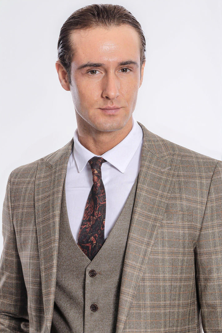 Ekose Ceketli Slim Fit Kahverengi Erkek Takım Elbise - Wessi