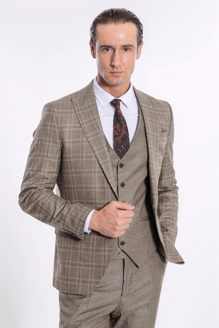 Ekose Ceketli Slim Fit Kahverengi Erkek Takım Elbise - Wessi