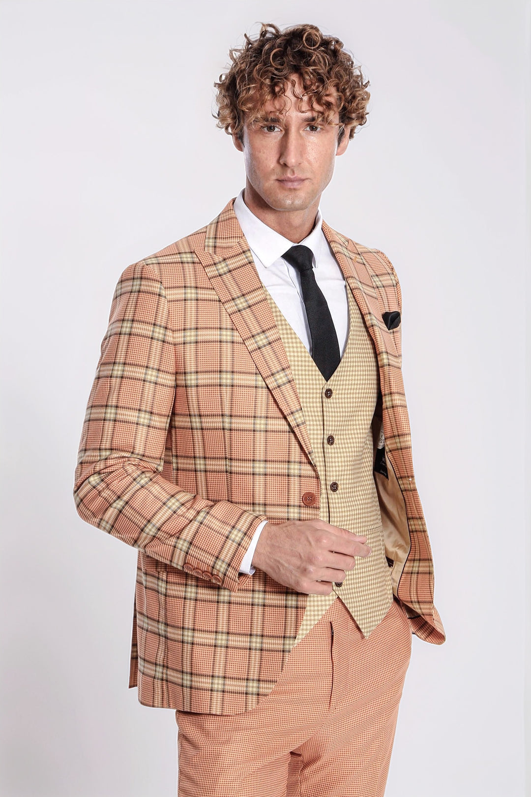 Ekose Yelekli Turuncu Erkek Takım Elbise - Wessi