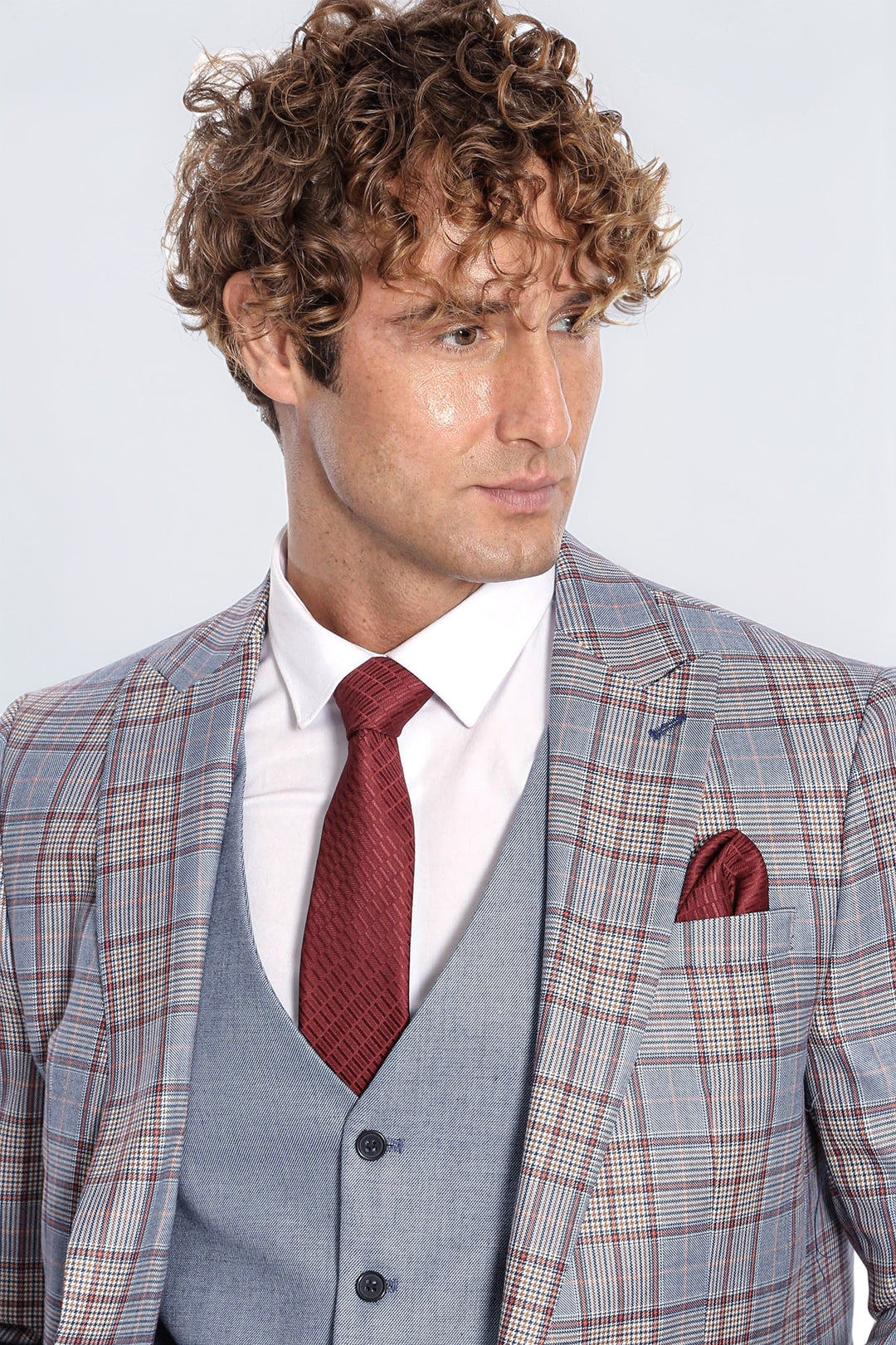 Ekose Ceketli Slim Fit Mavi Erkek Takım Elbise - Wessi