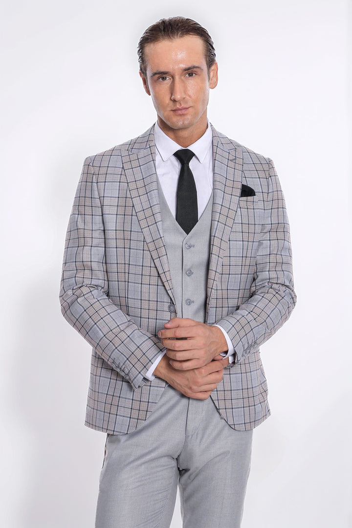Ekose Ceketli Slim Fit Açık Gri Erkek Takım Elbise - Wessi