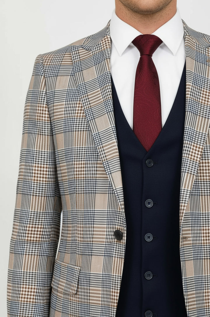 Kahverengi Ekose Ceketli Slim Fit Lacivert Erkek Takım Elbise - Wessi