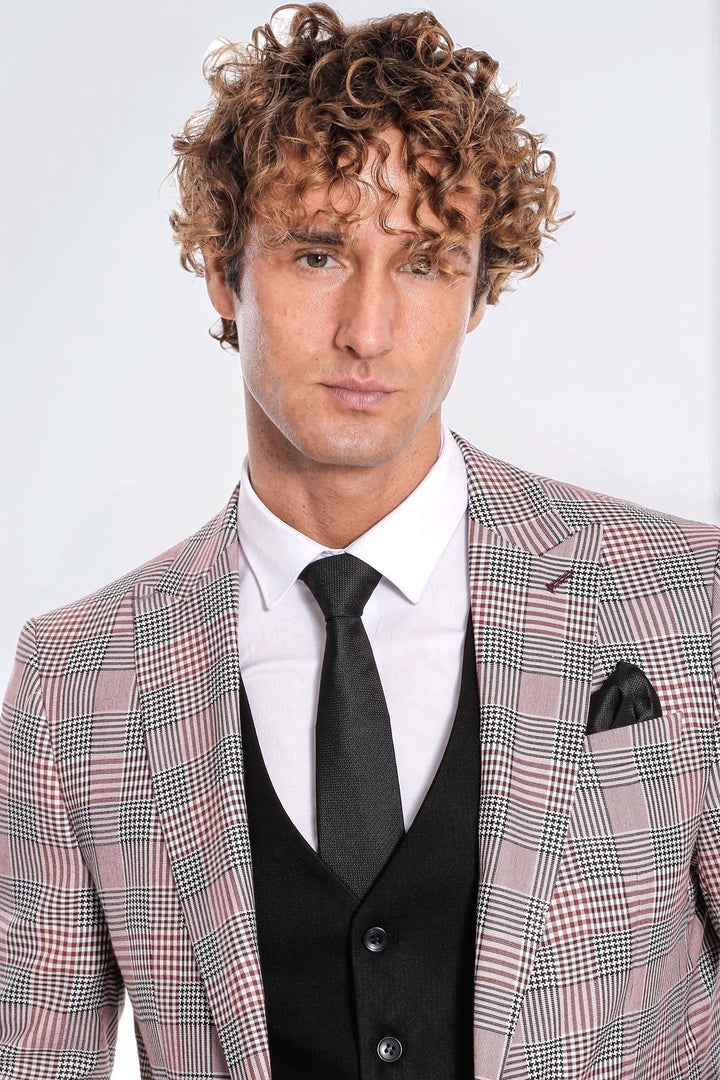 Bordo Ekose Ceketli Slim Fit Siyah Erkek Takım Elbise - Wessi