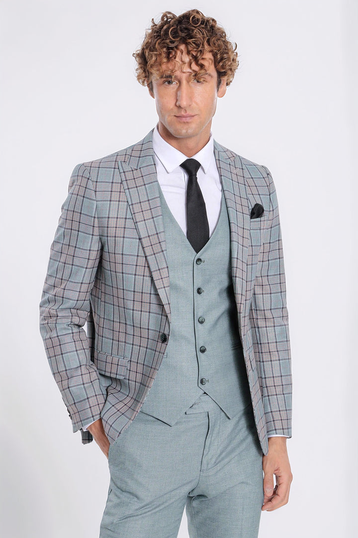 Ekose Ceketli Slim Fit Açık Yeşil Erkek Takım Elbise - Wessi