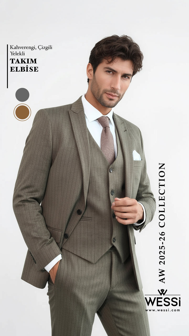Çizgili Slim Fit Kahverengi Erkek Takım Elbise - Wessi