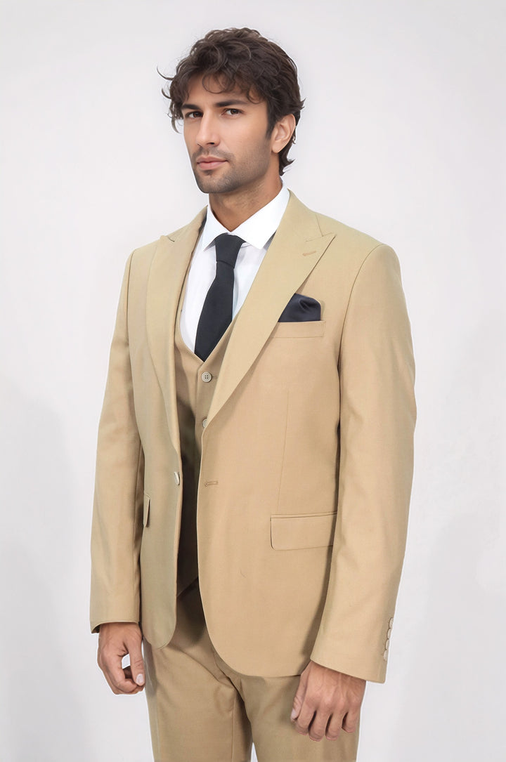 Desensiz Slim Fit Kum Rengi Erkek Takım Elbise - Wessi