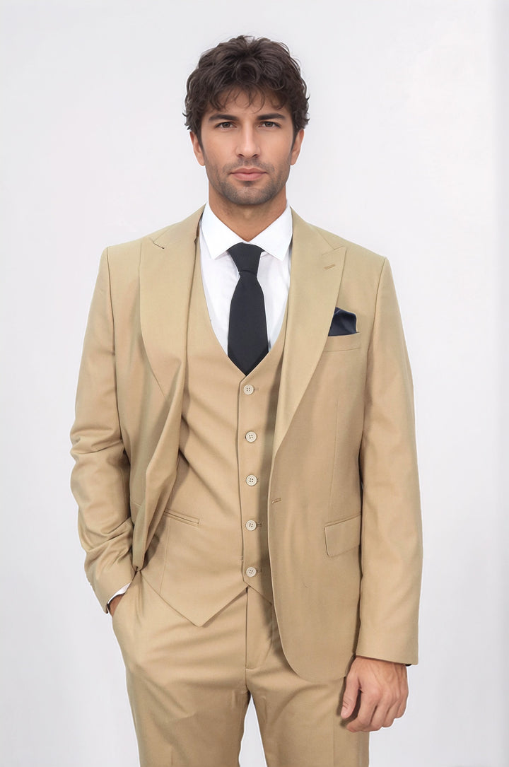 Desensiz Slim Fit Kum Rengi Erkek Takım Elbise - Wessi