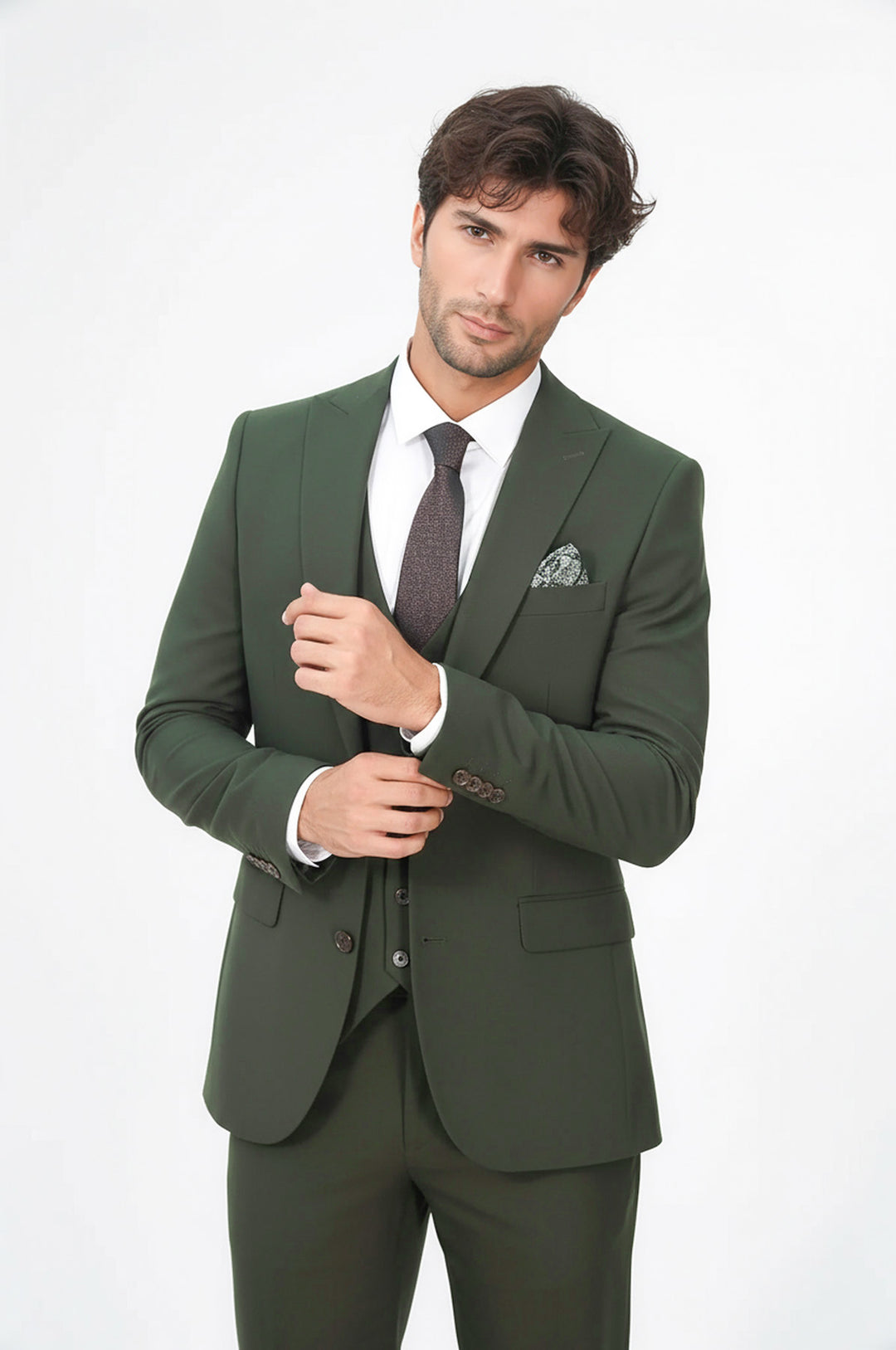 Tek Düğmeli Slim Fit Yeşil Yelekli Erkek Takım Elbise - Wessi