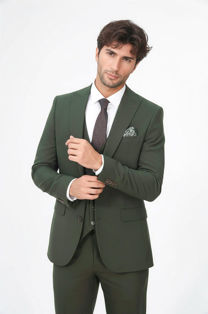 Tek Düğmeli Slim Fit Yeşil Yelekli Erkek Takım Elbise - Wessi