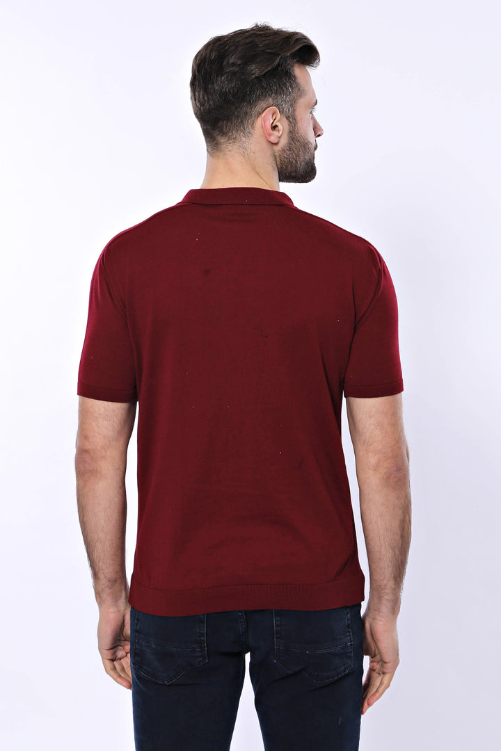 Polo Yaka Düz Bordo Örme T-shirt - Wessi