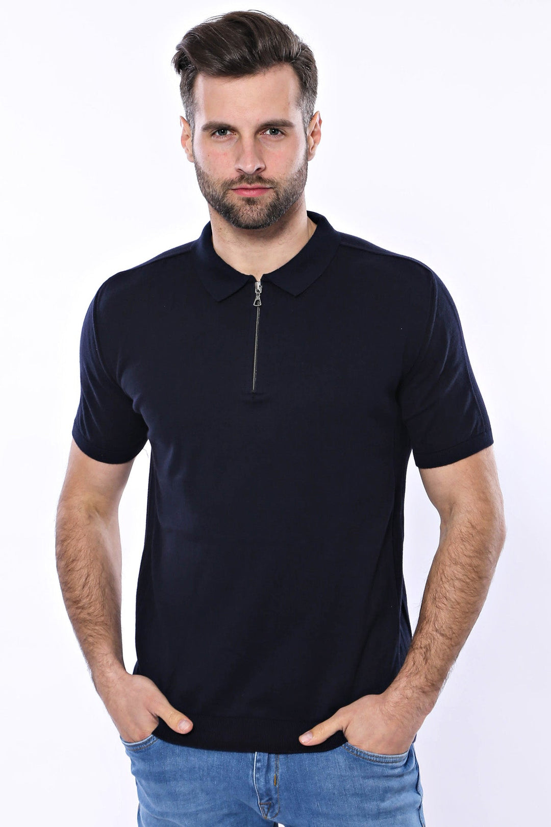 Polo Yaka Lacivert Düz Örme Erkek T-shirt - Wessi