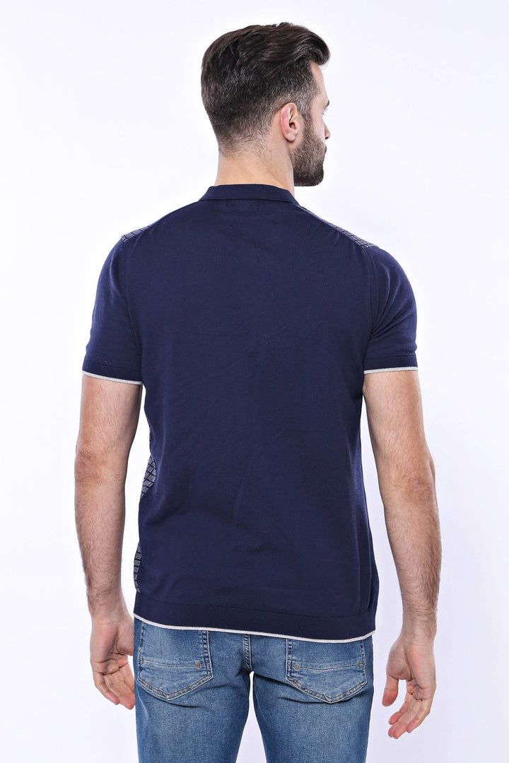 Polo Yaka Lacivert Desenli Fermuarlı Örme T-shirt | Wessi